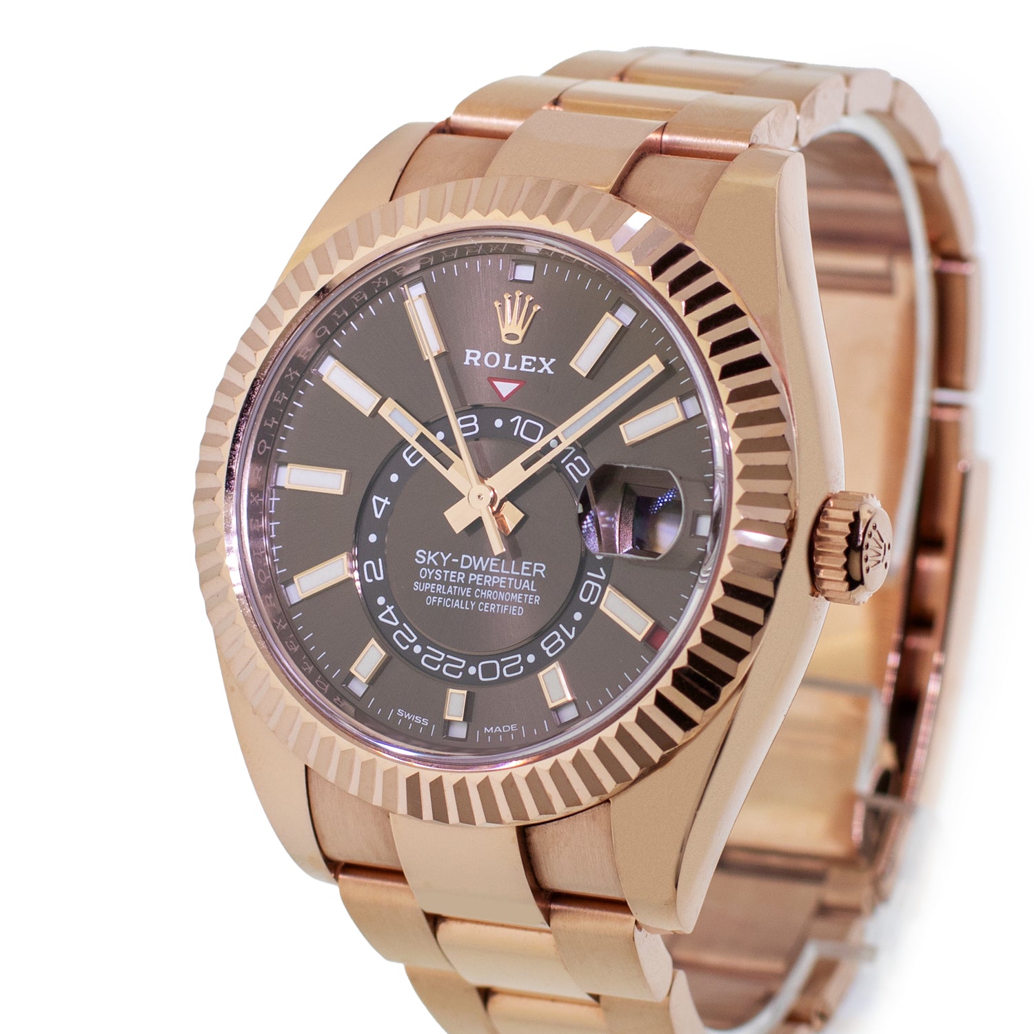 Rolex Sky Dweller Everose Gold Dark Chocolate Index Dial Fluted