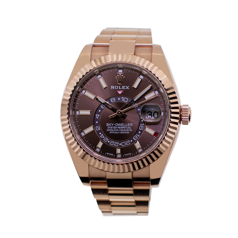 Rolex Sky-Dweller 42mm Everose Gold Chocolate Index Dial Fluted Bezel 326935-Da Vinci Fine Jewelry