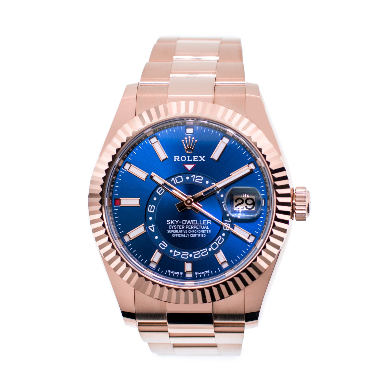 Rolex Sky Dweller 42mm Everose Gold Blue Index Dial Fluted Bezel