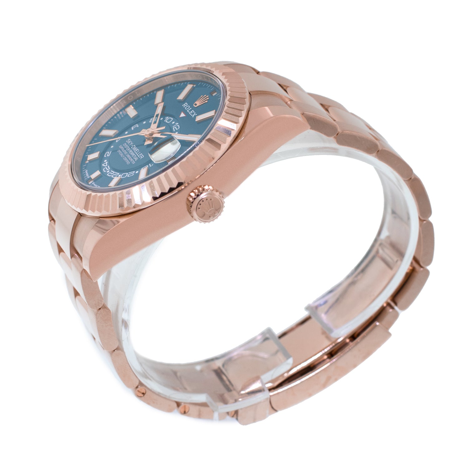 Rolex Sky Dweller 42mm Everose Gold Blue Index Dial Fluted Bezel