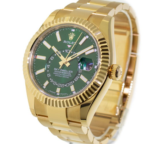 Rolex Sky-Dweller 42mm Yellow Gold Green Index Dial & Fluted Bezel 336938-Da Vinci Fine Jewelry