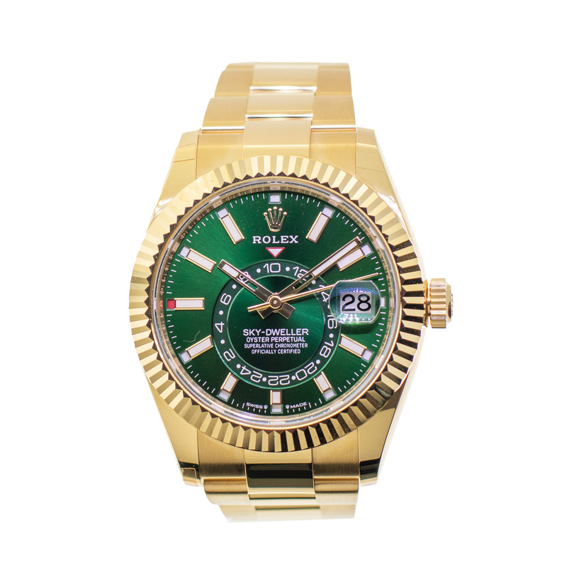 Rolex Sky-Dweller 42mm Yellow Gold Green Index Dial & Fluted Bezel 336938-Da Vinci Fine Jewelry