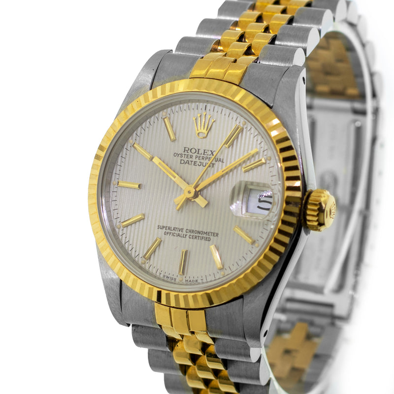 Rolex Datejust 31mm Yellow Gold Steel Silver Tapestry Index Dial & Fluted Bezel 68273-Da Vinci Fine Jewelry