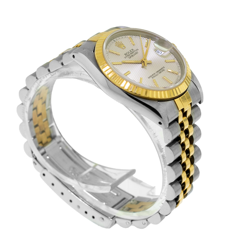 Rolex Datejust 31mm Yellow Gold Steel Silver Tapestry Index Dial & Fluted Bezel 68273-Da Vinci Fine Jewelry