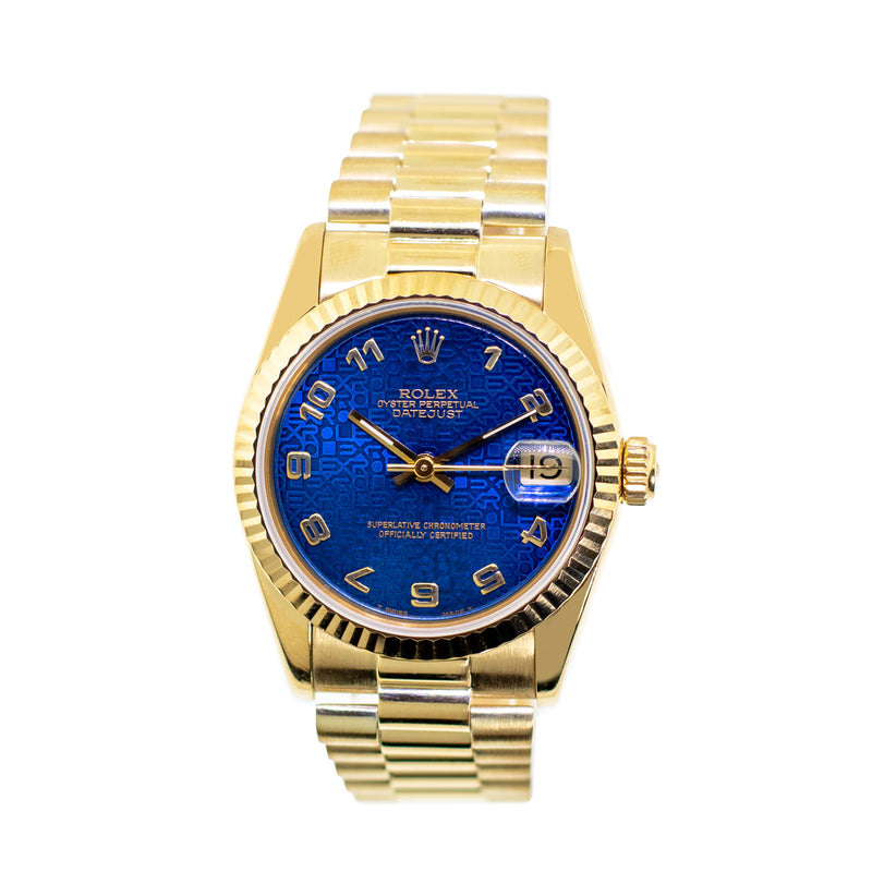 Rolex Datejust 31mm Yellow Gold Blue Jubilee Arabic Dial & Fluted Bezel 68278-Da Vinci Fine Jewelry