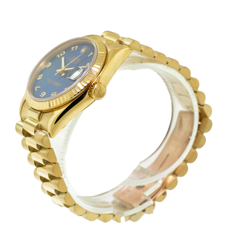 Rolex Datejust 31mm Yellow Gold Blue Jubilee Arabic Dial & Fluted Bezel 68278-Da Vinci Fine Jewelry