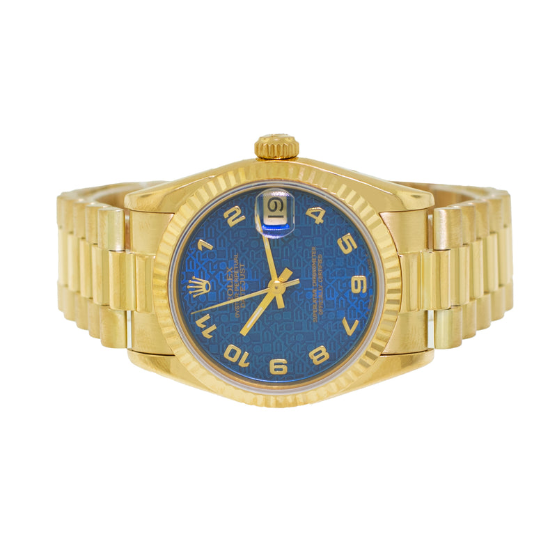 Rolex Datejust 31mm Yellow Gold Blue Jubilee Arabic Dial & Fluted Bezel 68278-Da Vinci Fine Jewelry