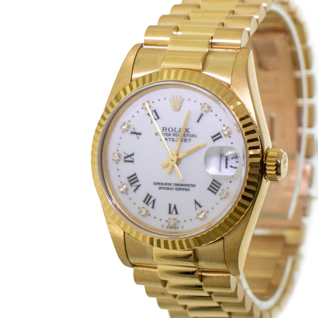 Rolex Datejust 31mm Yellow Gold White Roman/Diamond Dial & Fluted