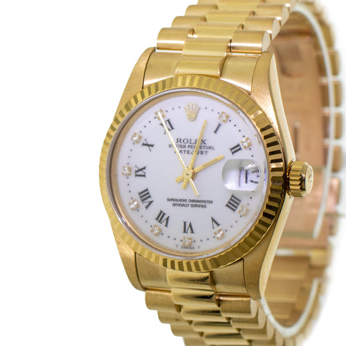 Rolex Datejust 31mm Yellow Gold White Roman/Diamond Dial & Fluted Bezel 68278-Da Vinci Fine Jewelry