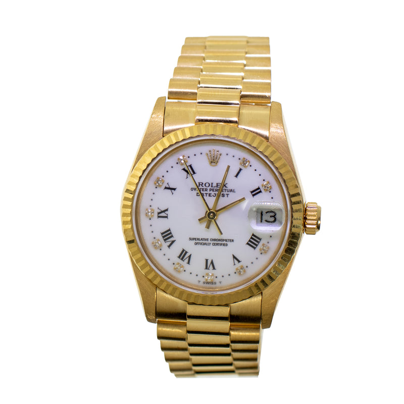 Rolex Datejust 31mm Yellow Gold White Roman/Diamond Dial & Fluted Bezel 68278-Da Vinci Fine Jewelry
