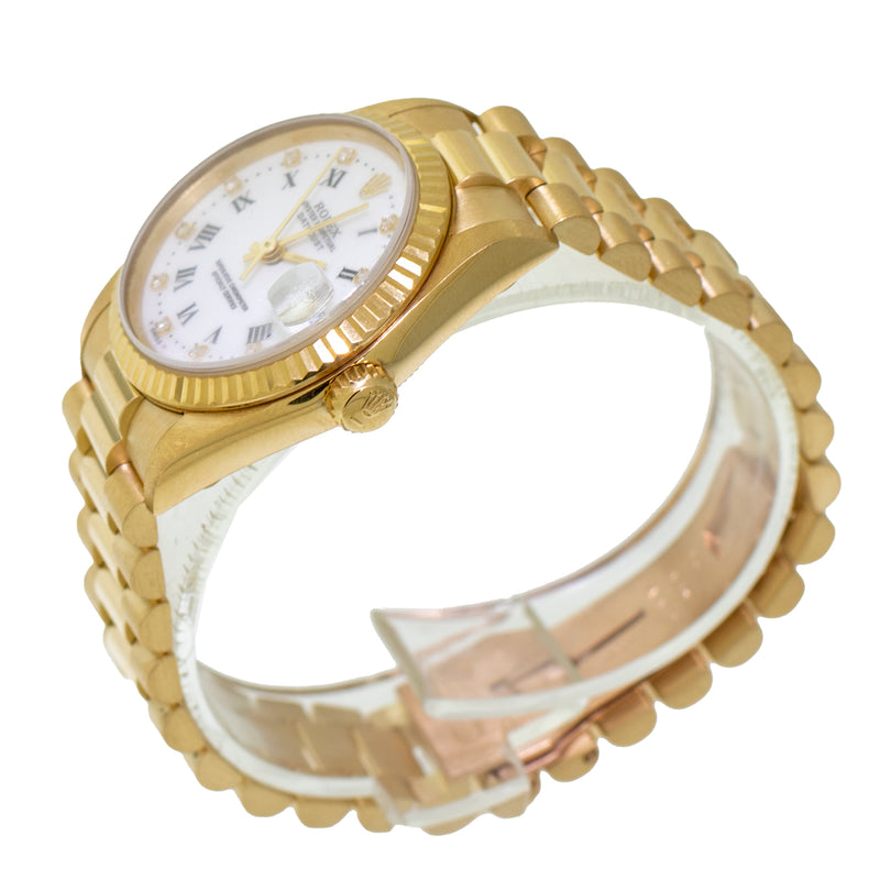 Rolex Datejust 31mm Yellow Gold White Roman/Diamond Dial & Fluted Bezel 68278-Da Vinci Fine Jewelry