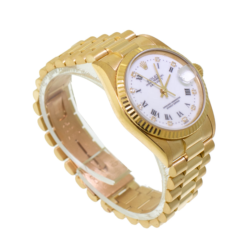 Rolex Datejust 31mm Yellow Gold White Roman/Diamond Dial & Fluted Bezel 68278-Da Vinci Fine Jewelry