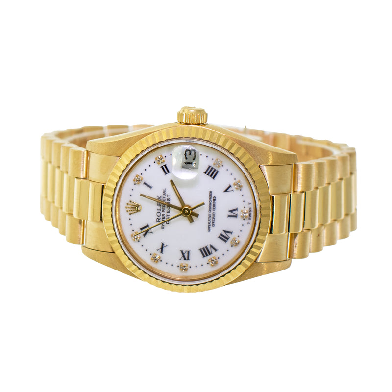 Rolex Datejust 31mm Yellow Gold White Roman/Diamond Dial & Fluted Bezel 68278-Da Vinci Fine Jewelry
