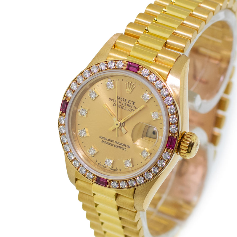 Rolex Lady-Datejust 26mm Yellow Gold Champagne Diamond Dial And Diamond, Ruby Bezel 69068-Da Vinci Fine Jewelry