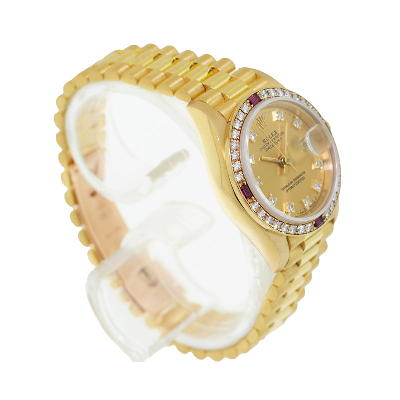 Rolex Lady-Datejust 26mm Yellow Gold Champagne Diamond Dial And Diamond, Ruby Bezel 69068-Da Vinci Fine Jewelry