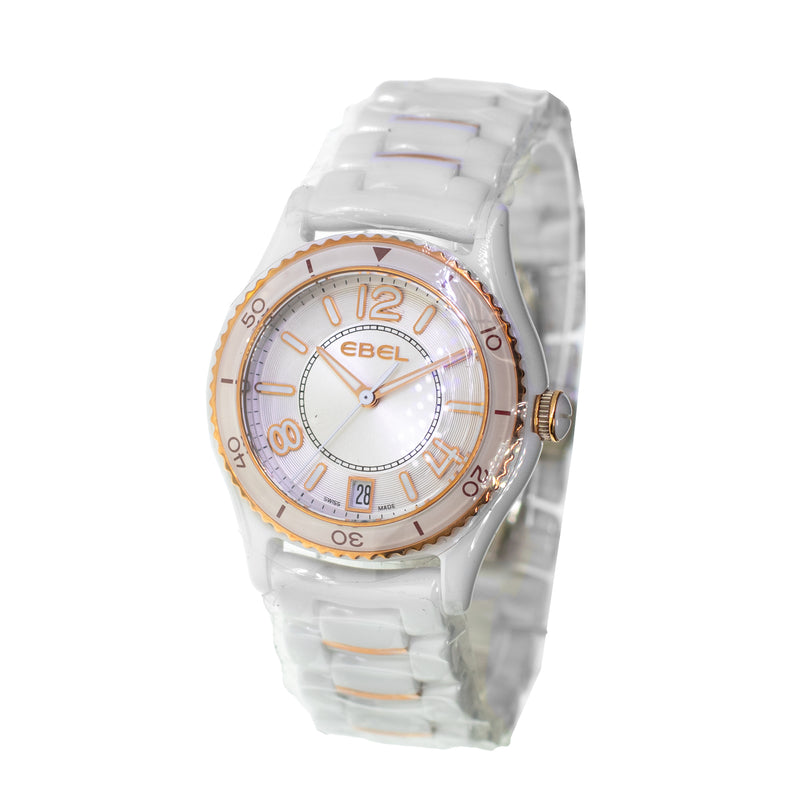 Ebel X-1 Ceramic and Rose Gold 34mm Silver Arabic Dial White Ceramic Bezel 1216113-Da Vinci Fine Jewelry