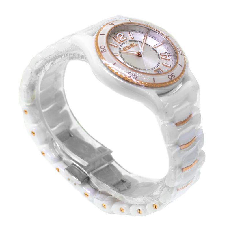 Ebel X-1 Ceramic and Rose Gold 34mm Silver Arabic Dial White Ceramic Bezel 1216113-Da Vinci Fine Jewelry