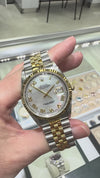 Rolex Datejust 36mm Yellow Gold Steel Mother of Pearl Roman Dial, Fluted Bezel 16233
