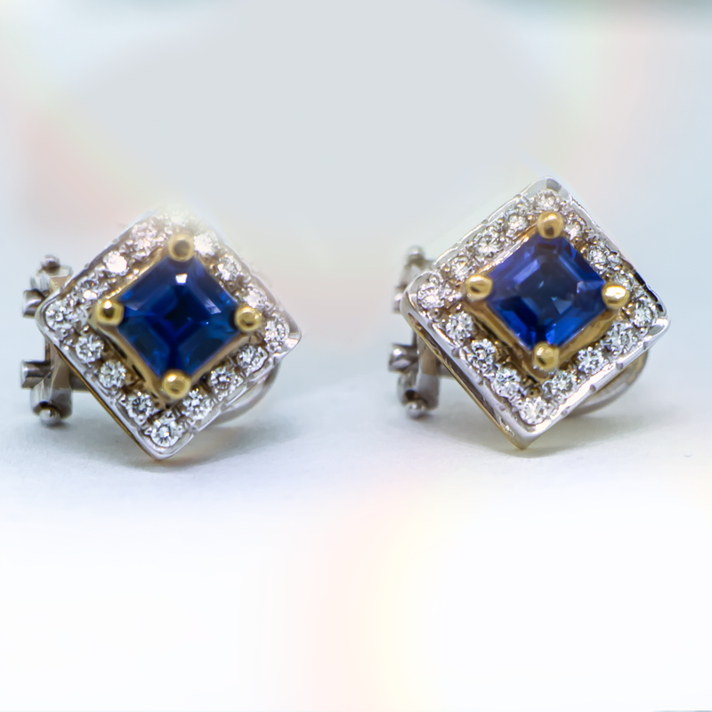 Custom Princess-Cut Sapphire Earrings - 14K White Gold & 14K Yellow Gold-Da Vinci Fine Jewelry