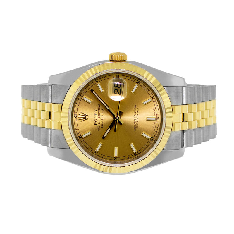 Rolex Datejust 36mm Yellow Gold & Steel Champagne Index Dial Fluted Bezel 116233-Da Vinci Fine Jewelry