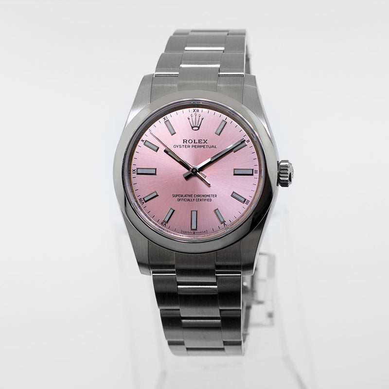Rolex Oyster Perpetual 34mm Stainless Steel Pink Index Dial Smooth Bezel 124200-Da Vinci Fine Jewelry