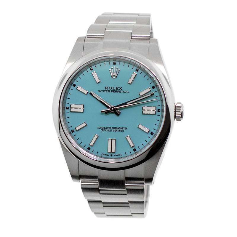 Rolex Oyster Perpetual 41mm Stainless Steel CUSTOM Tiffany Blue Index Dial & Smooth Bezel 124300