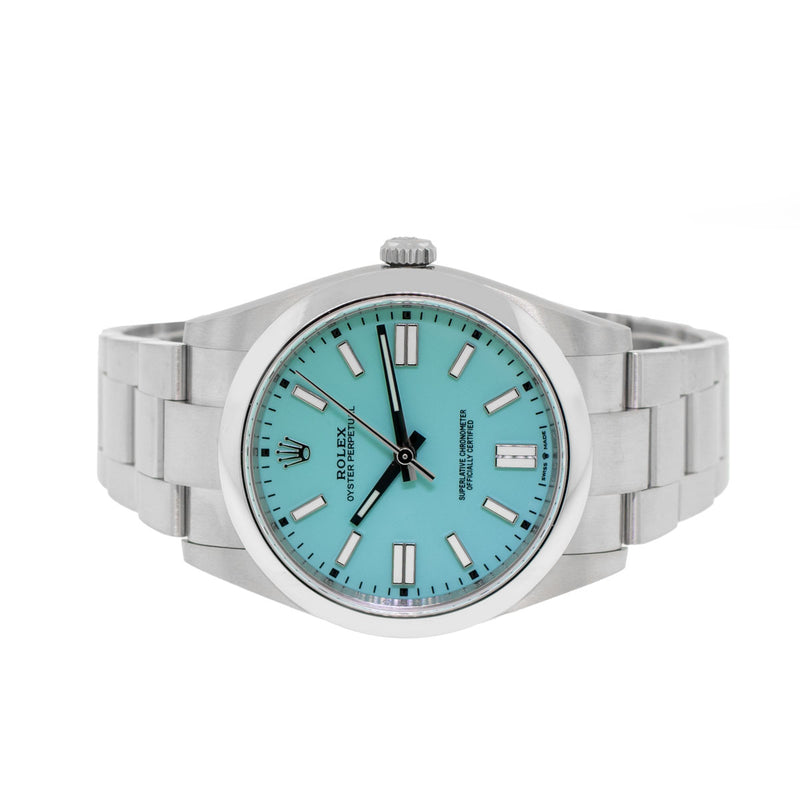 Rolex Oyster Perpetual 41mm Stainless Steel CUSTOM Tiffany Blue Index Dial & Smooth Bezel 124300-Da Vinci Fine Jewelry