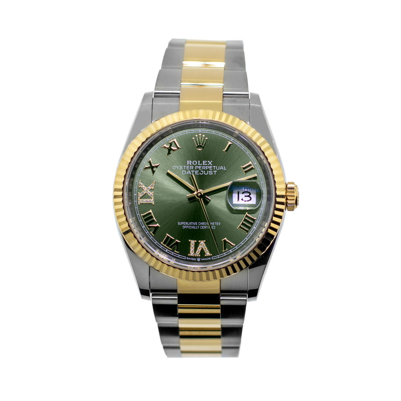 Rolex Datejust 36mm Yellow Gold & Steel Green Diamond Dial & Fluted Bezel 126233-Da Vinci Fine Jewelry