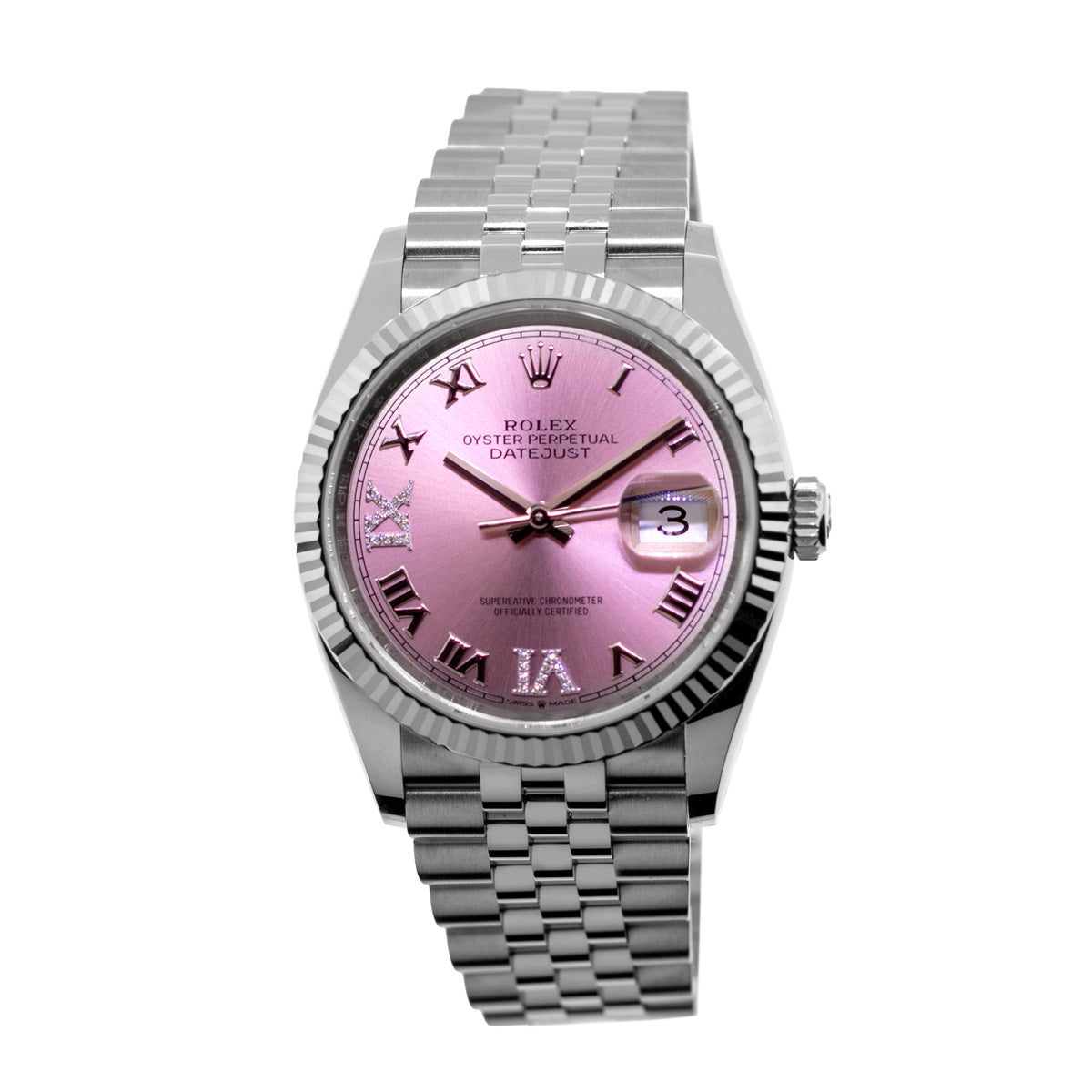 Rolex Datejust 36mm White Gold & Steel Pink Roman Dial Fluted 