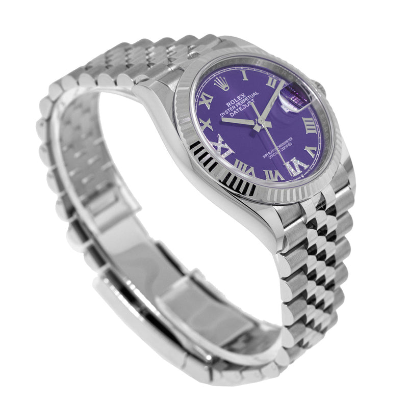 Rolex Datejust 36mm White Gold & Steel Purple Roman Dial Fluted Bezel 126234-Da Vinci Fine Jewelry