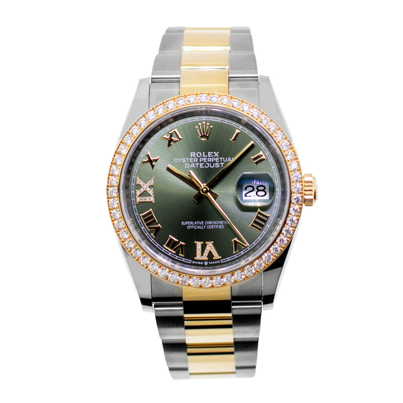 Rolex Datejust 36mm Yellow Gold & Steel Olive Green Roman Dial & Diamond Bezel 126283RBR-Da Vinci Fine Jewelry