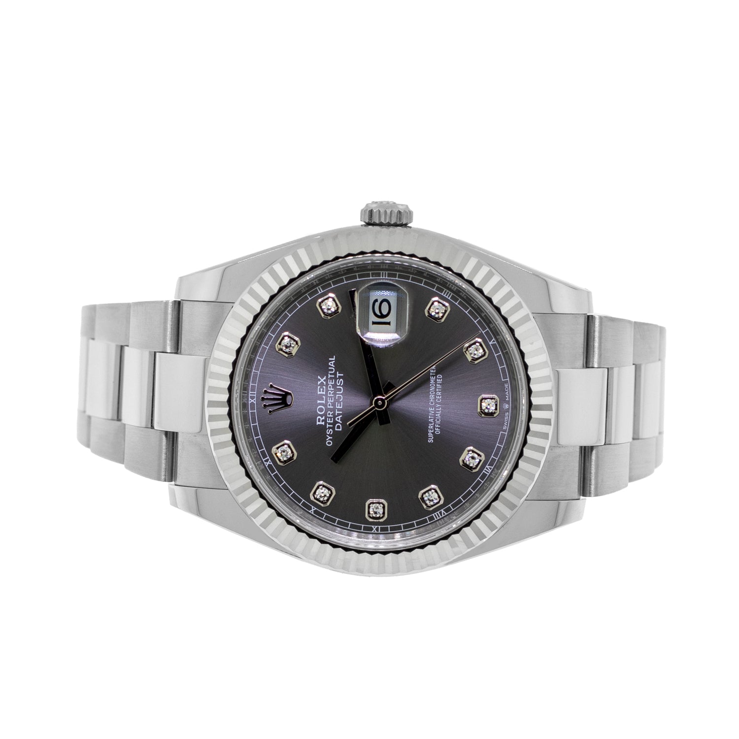 Rolex Datejust II 41mm Stainless Steel Dark Rhodium Diamond Dial 18K White Gold Fluted Bezel 126334 Da Vinci Fine Jewelry Inc