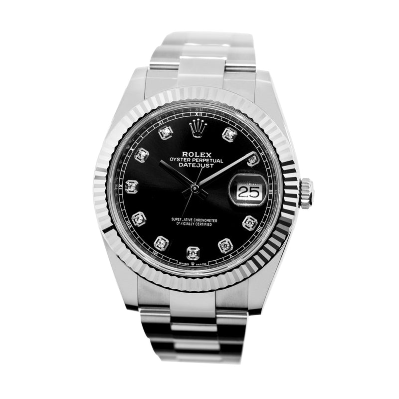 Rolex Datejust II 41mm White Gold & Steel Black Diamond Dial Fluted Bezel 126334-Da Vinci Fine Jewelry