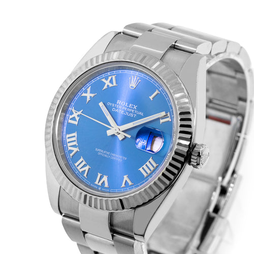 Rolex Datejust II 41mm Stainless Steel Blue Roman Dial 18K White Gold Fluted Bezel 126334-Da Vinci Fine Jewelry