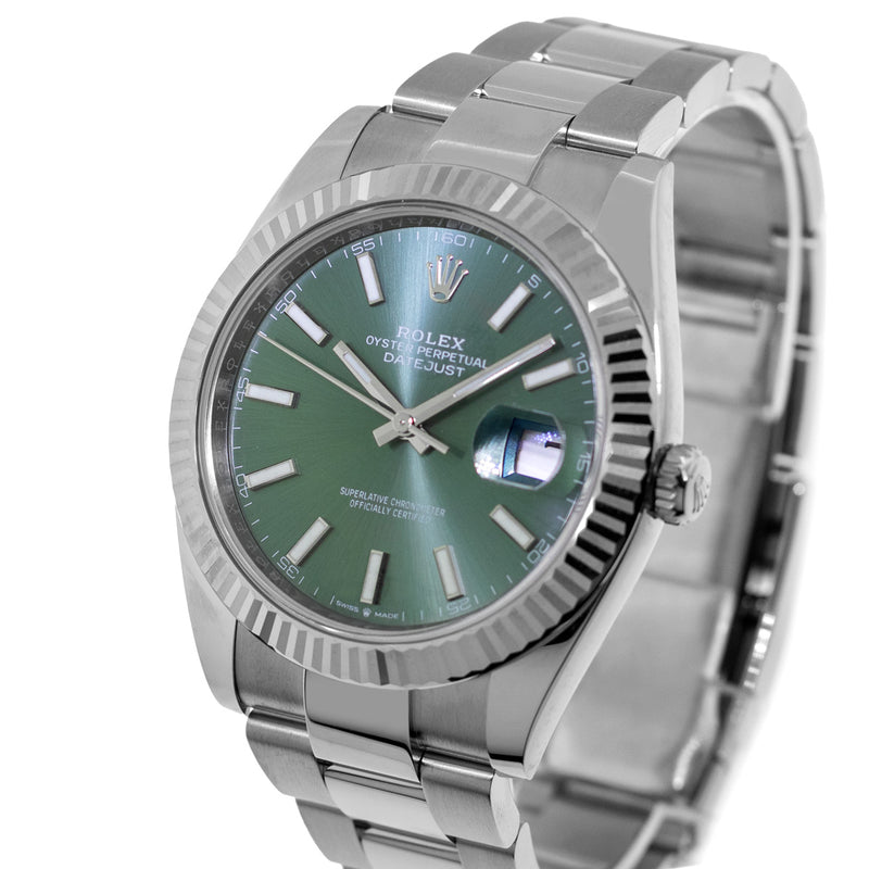 Rolex Datejust II 41mm Stainless Steel Green Index Dial 18K White Gold Fluted Bezel 126334-Da Vinci Fine Jewelry