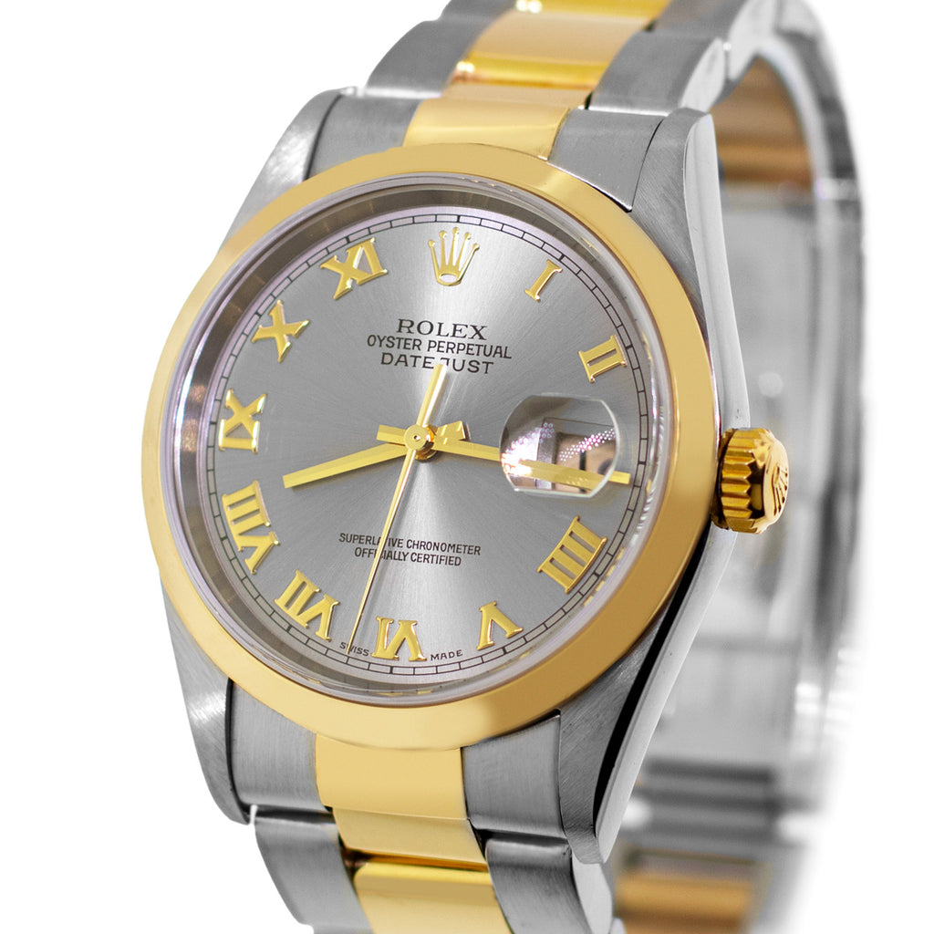 Rolex Datejust 36mm 18K Yellow Gold Steel Slate Roman Dial Smooth Bezel 16203 Da Vinci Fine Jewelry Inc