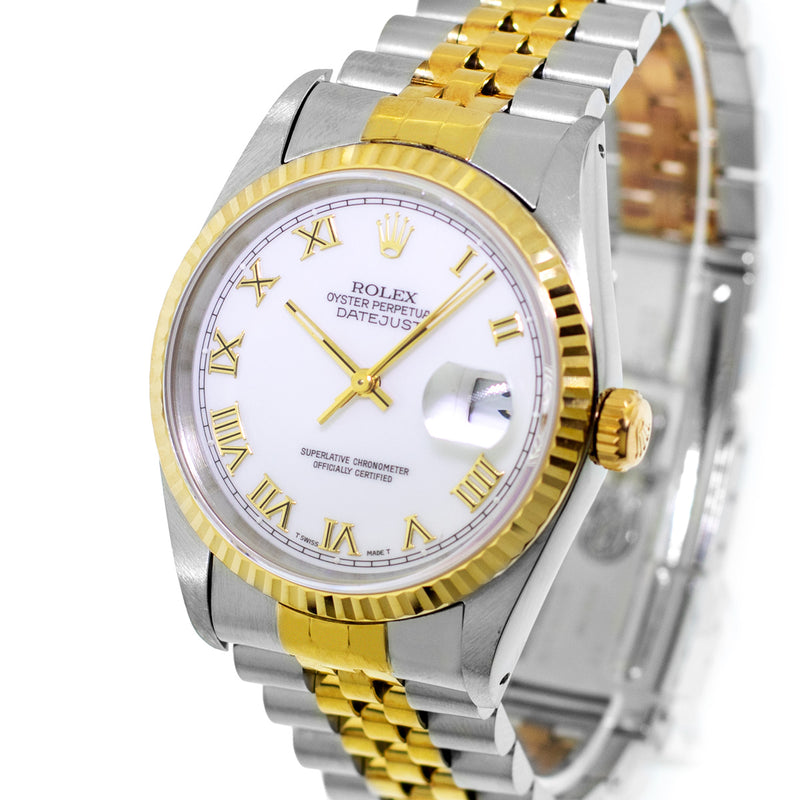 Rolex Datejust 36mm Yellow Gold Steel White Roman Dial Fluted Bezel 16233-Da Vinci Fine Jewelry