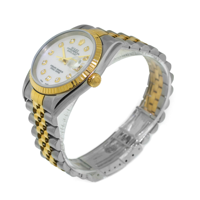 Rolex Datejust 36mm Yellow Gold Steel Mother of Pearl Diamond Dial, Fluted Bezel 16233-Da Vinci Fine Jewelry
