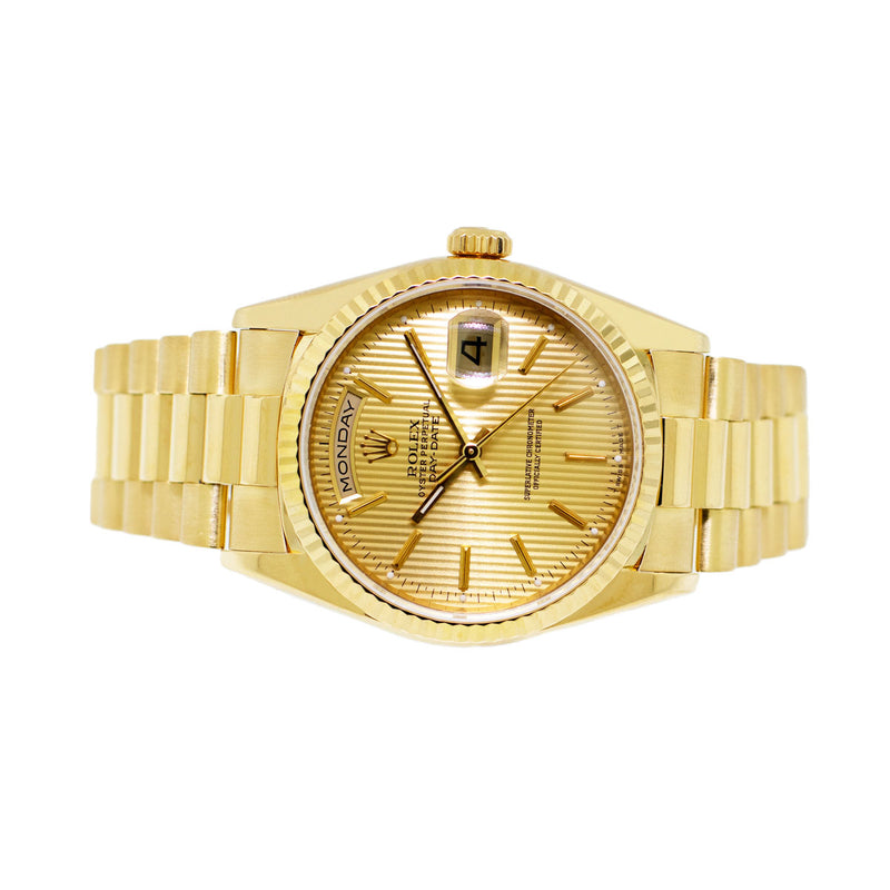 Rolex Day-Date 36mm Yellow Gold Champagne Tapestry Index Dial & Fluted Bezel 18238-Da Vinci Fine Jewelry