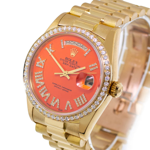 Rolex Day-Date 36mm Yellow Gold Orange Roman Diamond Dial & Bezel 18238-Da Vinci Fine Jewelry