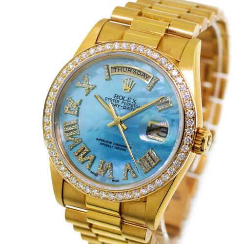 Rolex Day-Date 36mm Yellow Gold Baby Blue MOP Roman Diamond Dial & Bezel 18238-Da Vinci Fine Jewelry