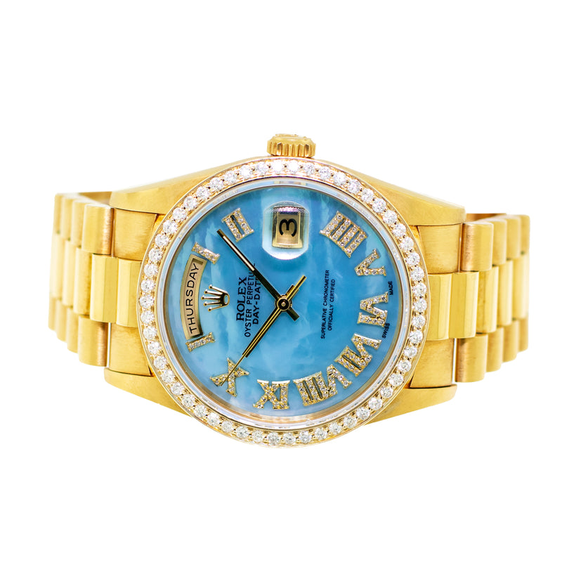 Rolex Day-Date 36mm Yellow Gold Baby Blue MOP Roman Diamond Dial & Bezel 18238-Da Vinci Fine Jewelry