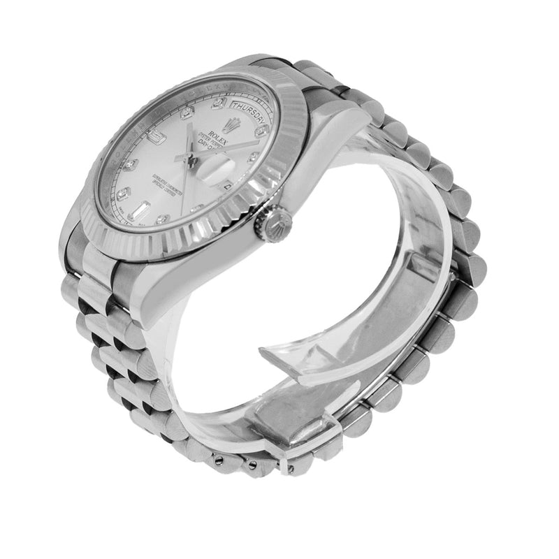 Rolex Day-Date II 41mm White Gold Silver Diamond Dial & Fluted Bezel 218239-Da Vinci Fine Jewelry