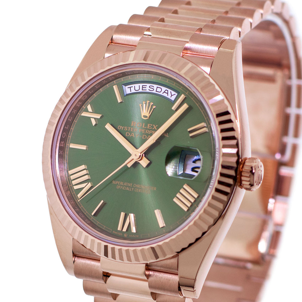 Rolex Day-Date 40mm Everose Gold Olive Green Roman Dial 228235
