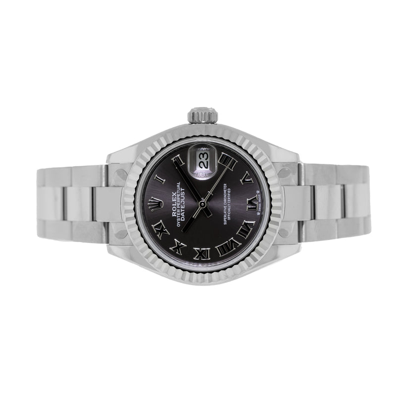 Rolex Lady-Datejust 28mm White Gold & Steel Dark Rhodium Roman Dial & Fluted Bezel 279174-Da Vinci Fine Jewelry