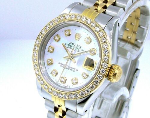 Rolex Lady-Datejust 26mm Yellow Gold Steel White MOP Diamond Dial & Bezel 69173-Da Vinci Fine Jewelry
