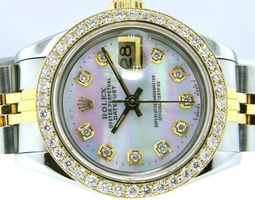 Rolex Lady-Datejust 26mm Yellow Gold Steel White MOP Diamond Dial & Bezel 69173-Da Vinci Fine Jewelry