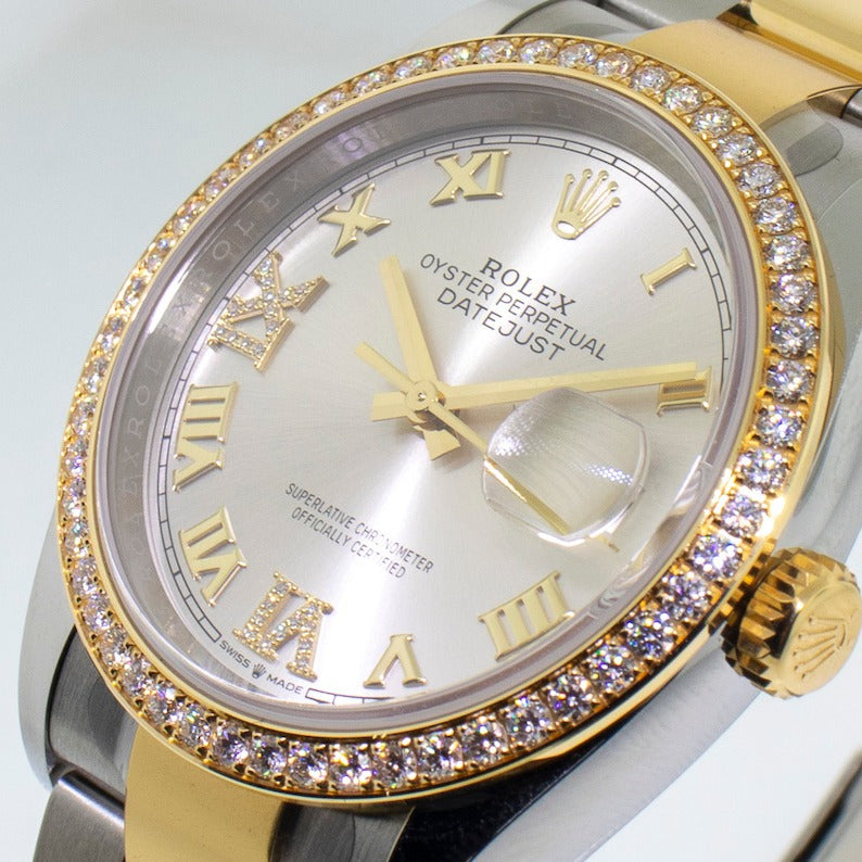 Rolex Datejust 36mm Yellow Gold & Steel Silver Roman Dial & Diamond Bezel 126283RBR-Da Vinci Fine Jewelry