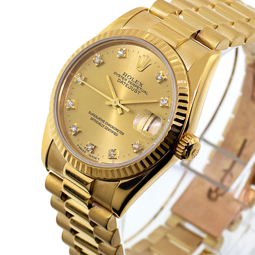 Rolex Lady-Datejust 31mm Yellow Gold Champagne Diamond Dial & Fluted Bezel 68278-Da Vinci Fine Jewelry
