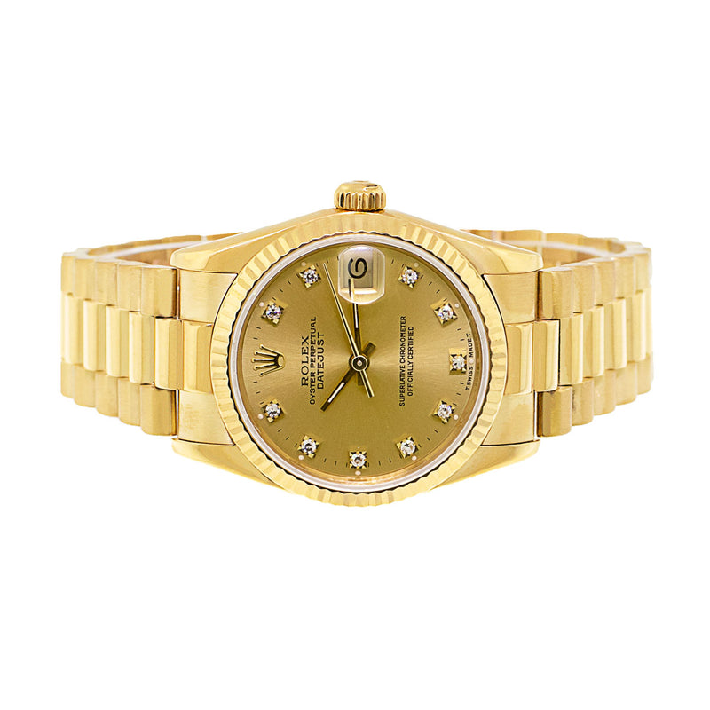 Rolex Lady-Datejust 31mm Yellow Gold Champagne Diamond Dial & Fluted Bezel 68278-Da Vinci Fine Jewelry